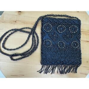 Midnight Blue Beaded Evening Bag with Fringe Braided Strap Y2K Vintage Inspired